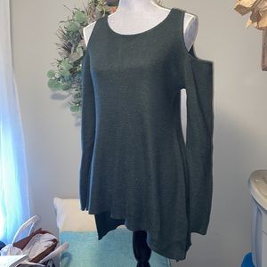 New York & Company cold shoulder green hi lo angled  sweater medium
